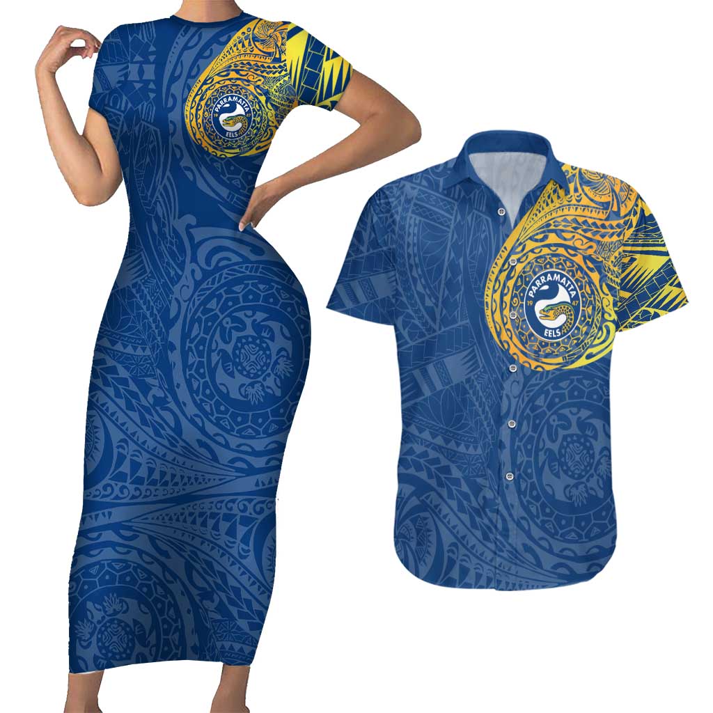 Personalized Parramatta Eels Couples Matching Short Sleeve Bodycon Dress and Hawaiian Shirt Polynesian Tribal Chest and Sleeve Tattoo