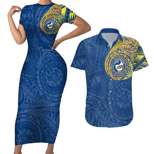 Personalized Parramatta Eels Couples Matching Short Sleeve Bodycon Dress and Hawaiian Shirt Polynesian Tribal Chest and Sleeve Tattoo