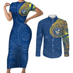 Personalized Parramatta Eels Couples Matching Short Sleeve Bodycon Dress and Long Sleeve Button Shirt Polynesian Tribal Chest and Sleeve Tattoo