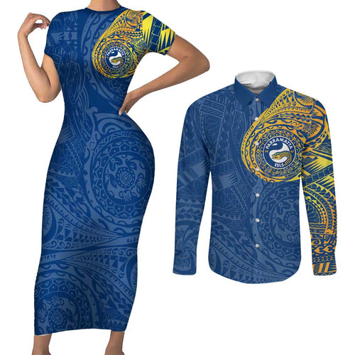 Personalized Parramatta Eels Couples Matching Short Sleeve Bodycon Dress and Long Sleeve Button Shirt Polynesian Tribal Chest and Sleeve Tattoo