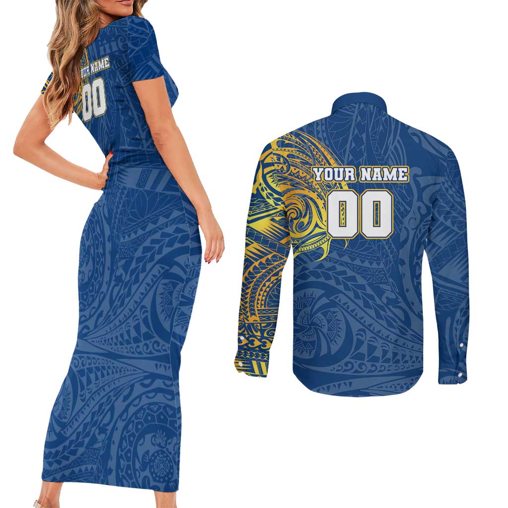 Personalized Parramatta Eels Couples Matching Short Sleeve Bodycon Dress and Long Sleeve Button Shirt Polynesian Tribal Chest and Sleeve Tattoo