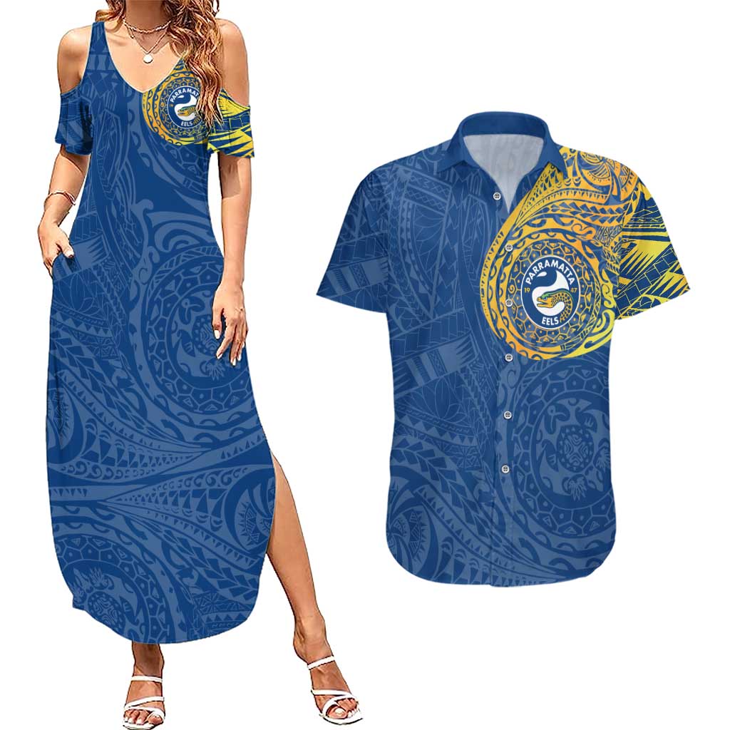Personalized Parramatta Eels Couples Matching Summer Maxi Dress and Hawaiian Shirt Polynesian Tribal Chest and Sleeve Tattoo