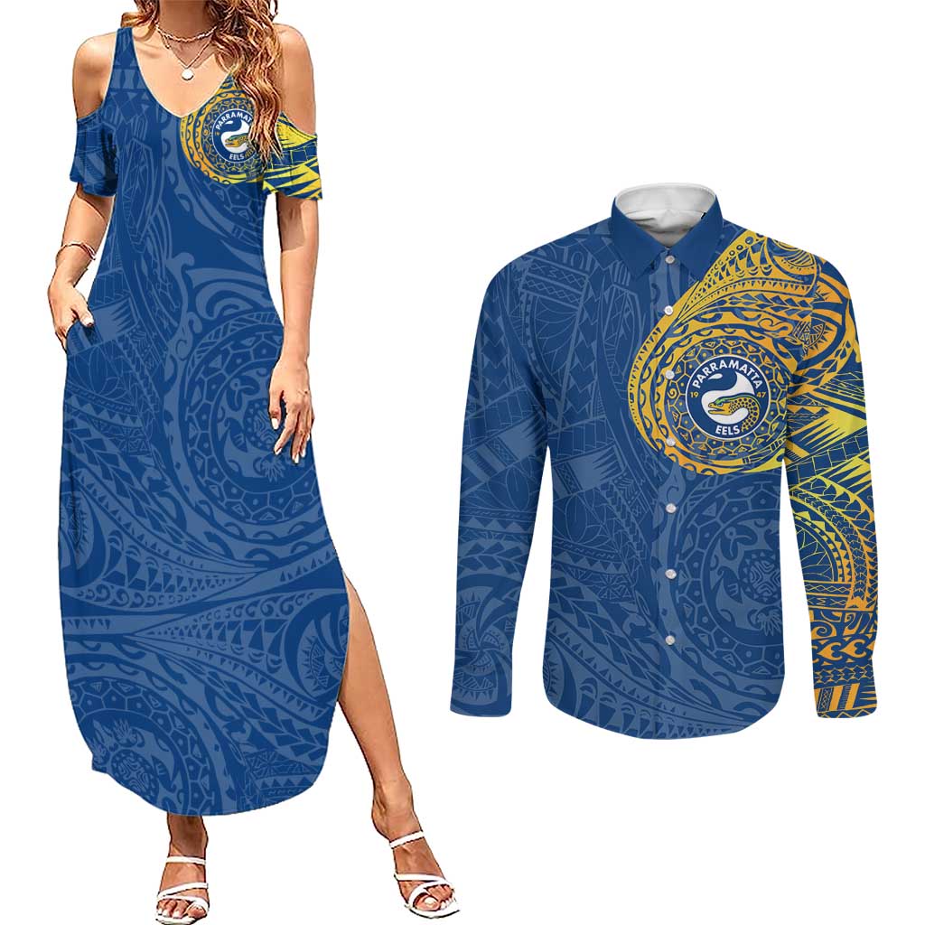 Personalized Parramatta Eels Couples Matching Summer Maxi Dress and Long Sleeve Button Shirt Polynesian Tribal Chest and Sleeve Tattoo