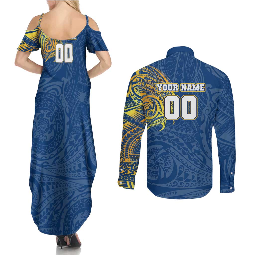 Personalized Parramatta Eels Couples Matching Summer Maxi Dress and Long Sleeve Button Shirt Polynesian Tribal Chest and Sleeve Tattoo