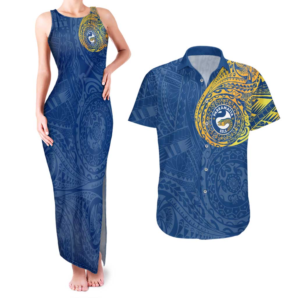 Personalized Parramatta Eels Couples Matching Tank Maxi Dress and Hawaiian Shirt Polynesian Tribal Chest and Sleeve Tattoo