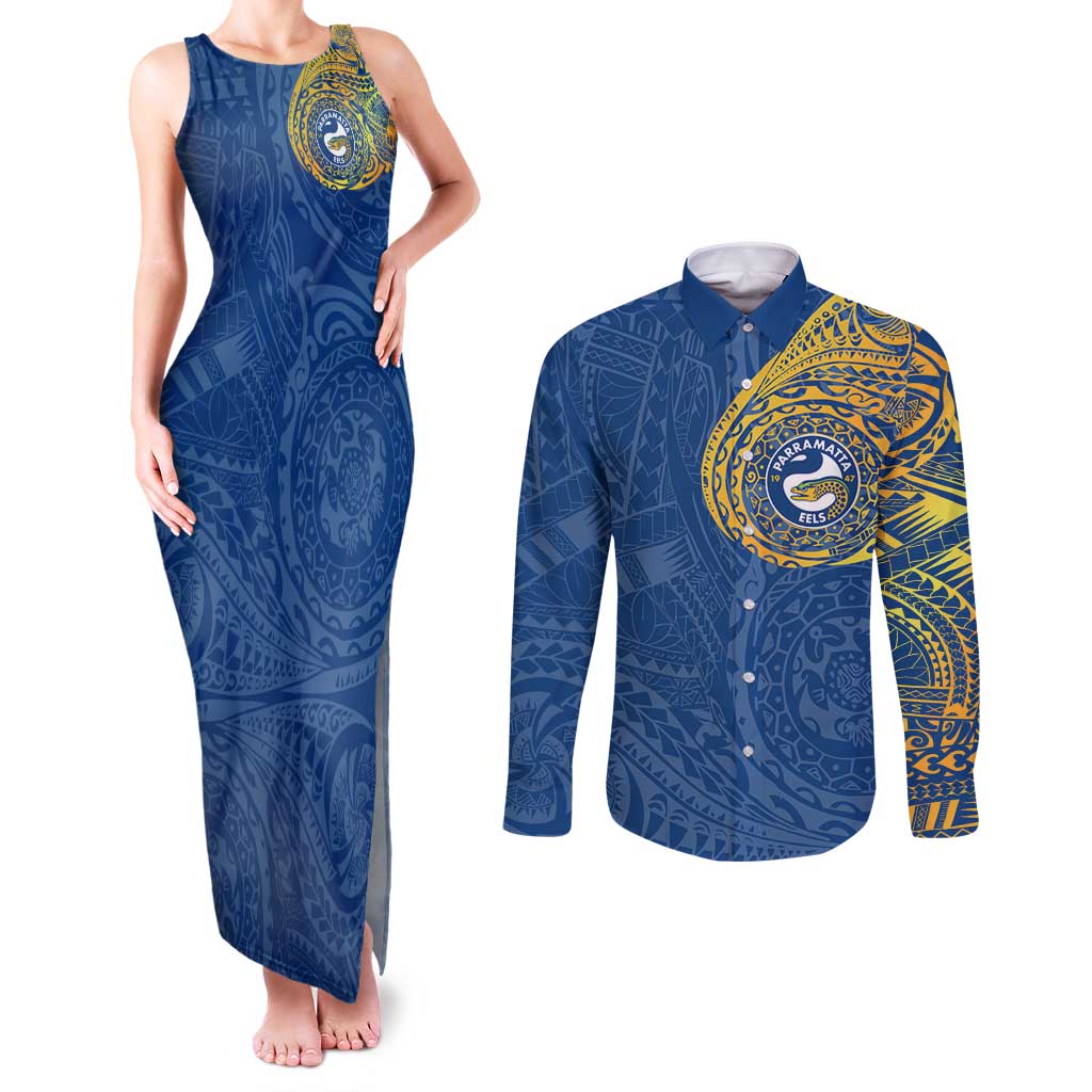 Personalized Parramatta Eels Couples Matching Tank Maxi Dress and Long Sleeve Button Shirt Polynesian Tribal Chest and Sleeve Tattoo
