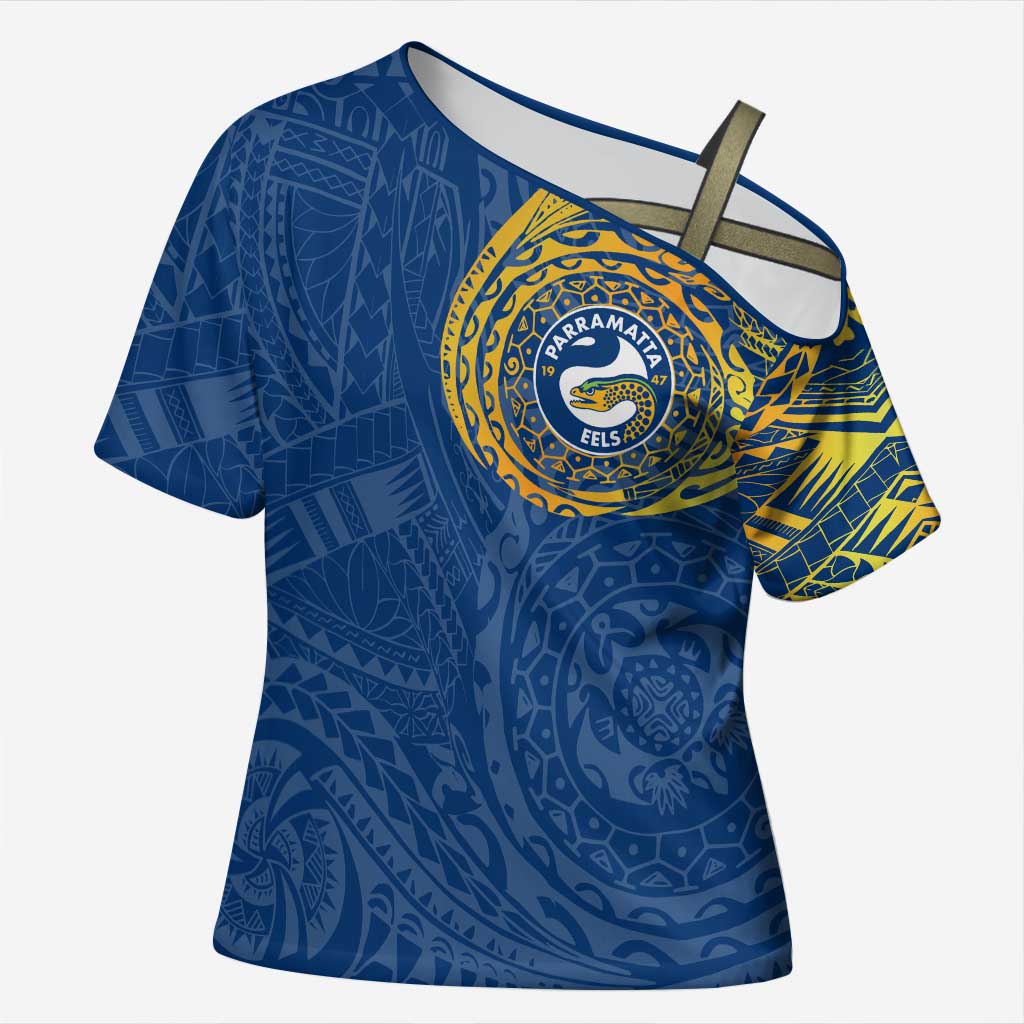 Personalized Parramatta Eels Cross Shoulder Shirt Polynesian Tribal Chest and Sleeve Tattoo