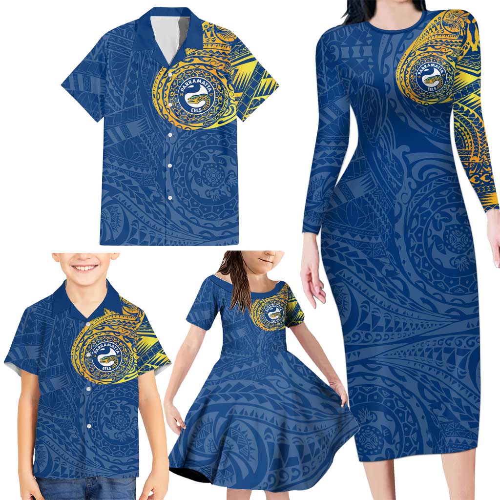 Personalized Parramatta Eels Family Matching Long Sleeve Bodycon Dress and Hawaiian Shirt Polynesian Tribal Chest and Sleeve Tattoo