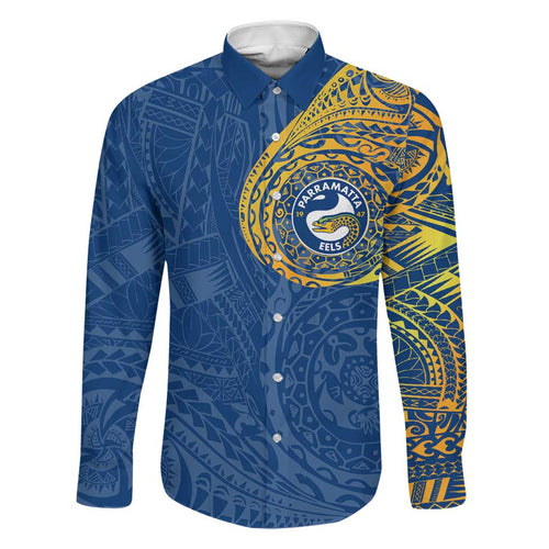 Personalized Parramatta Eels Family Matching Long Sleeve Bodycon Dress and Hawaiian Shirt Polynesian Tribal Chest and Sleeve Tattoo