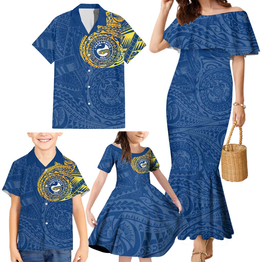 Personalized Parramatta Eels Family Matching Mermaid Dress and Hawaiian Shirt Polynesian Tribal Chest and Sleeve Tattoo