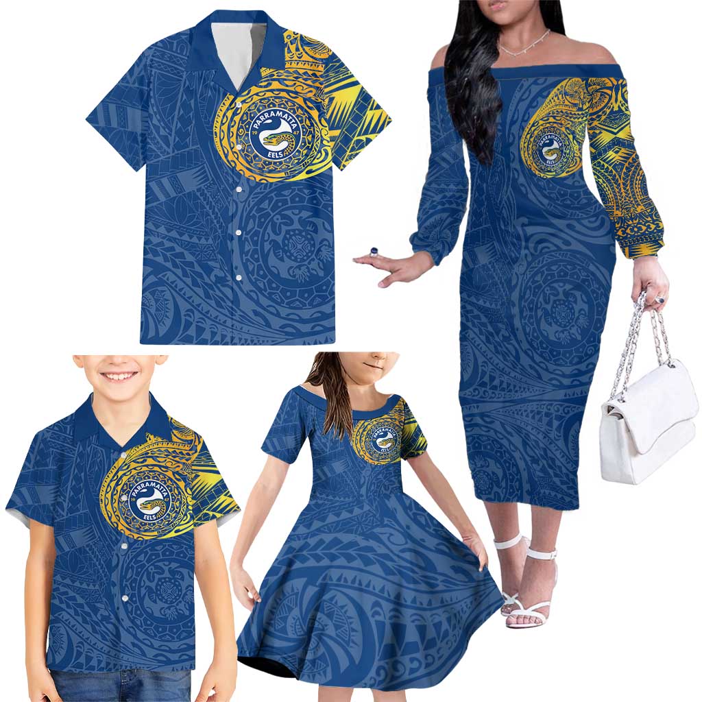 Personalized Parramatta Eels Family Matching Off The Shoulder Long Sleeve Dress and Hawaiian Shirt Polynesian Tribal Chest and Sleeve Tattoo