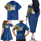 Personalized Parramatta Eels Family Matching Off The Shoulder Long Sleeve Dress and Hawaiian Shirt Polynesian Tribal Chest and Sleeve Tattoo