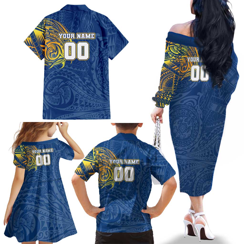 Personalized Parramatta Eels Family Matching Off The Shoulder Long Sleeve Dress and Hawaiian Shirt Polynesian Tribal Chest and Sleeve Tattoo