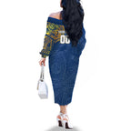 Personalized Parramatta Eels Family Matching Off The Shoulder Long Sleeve Dress and Hawaiian Shirt Polynesian Tribal Chest and Sleeve Tattoo