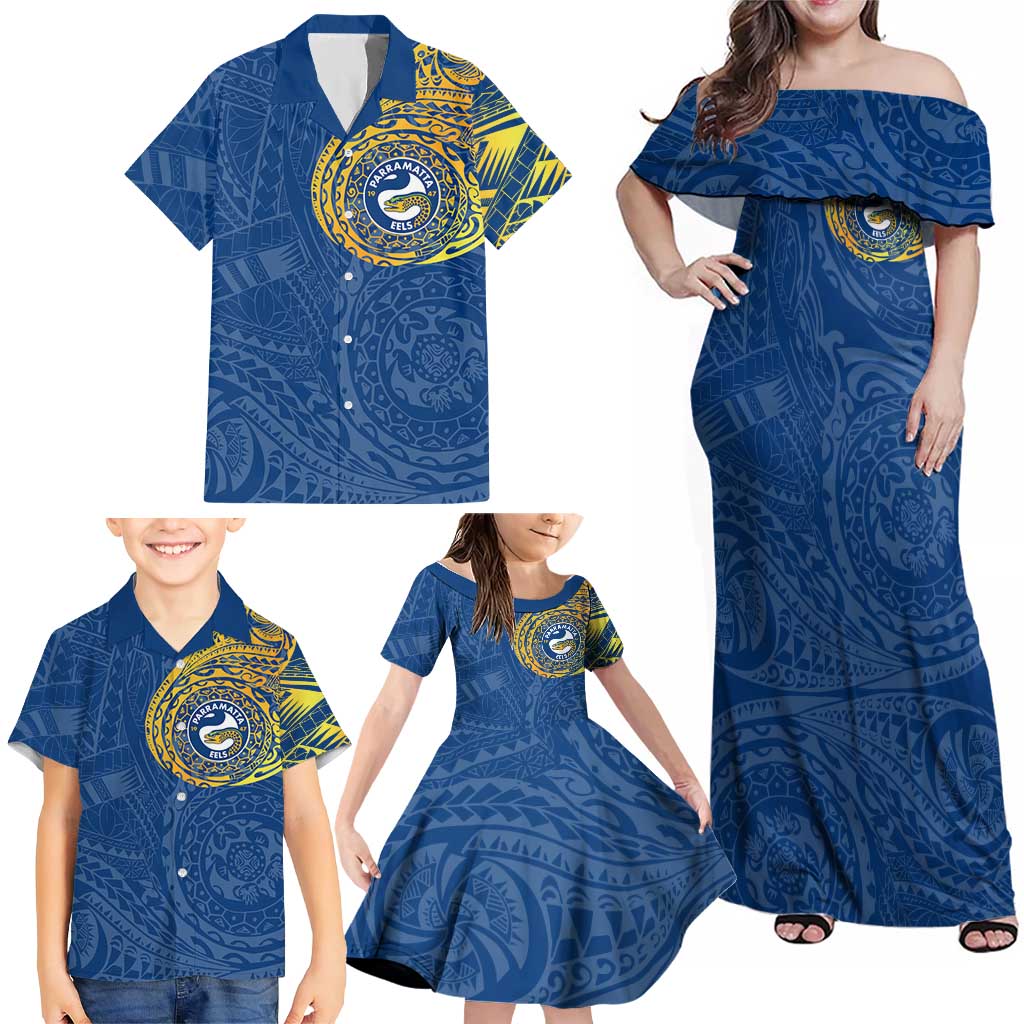 Personalized Parramatta Eels Family Matching Off Shoulder Maxi Dress and Hawaiian Shirt Polynesian Tribal Chest and Sleeve Tattoo