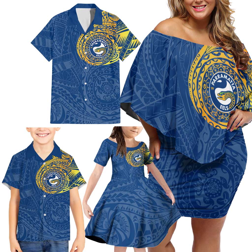 Personalized Parramatta Eels Family Matching Off Shoulder Short Dress and Hawaiian Shirt Polynesian Tribal Chest and Sleeve Tattoo
