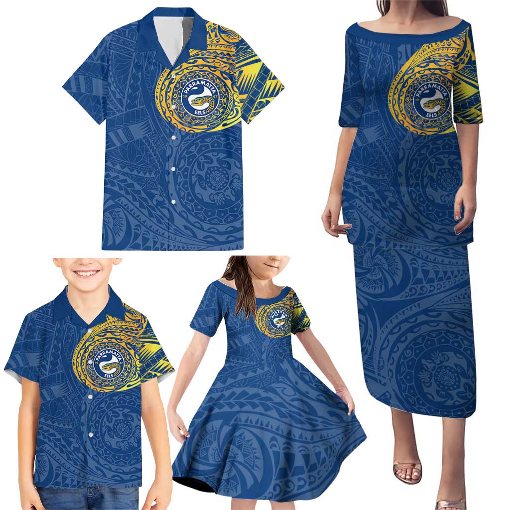 Personalized Parramatta Eels Family Matching Puletasi and Hawaiian Shirt Polynesian Tribal Chest and Sleeve Tattoo
