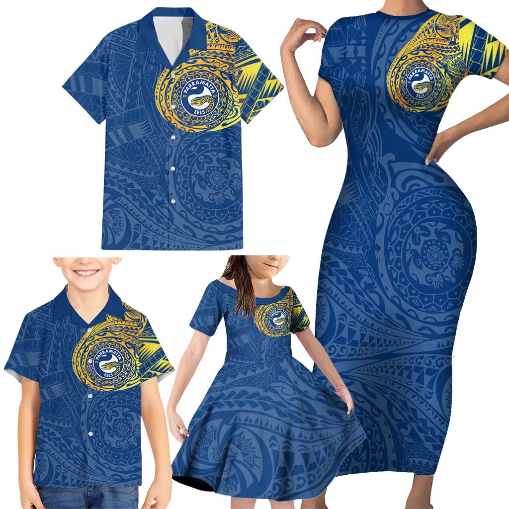 Personalized Parramatta Eels Family Matching Short Sleeve Bodycon Dress and Hawaiian Shirt Polynesian Tribal Chest and Sleeve Tattoo