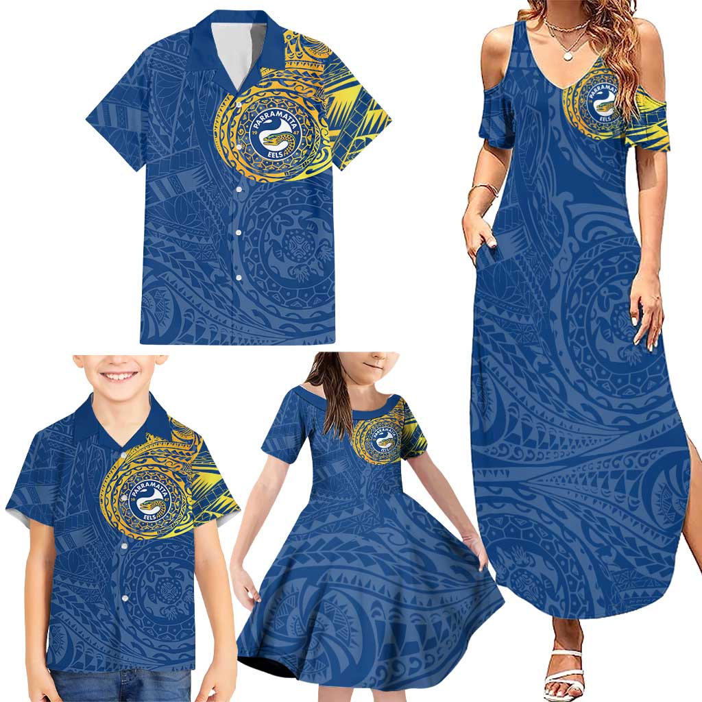 Personalized Parramatta Eels Family Matching Summer Maxi Dress and Hawaiian Shirt Polynesian Tribal Chest and Sleeve Tattoo