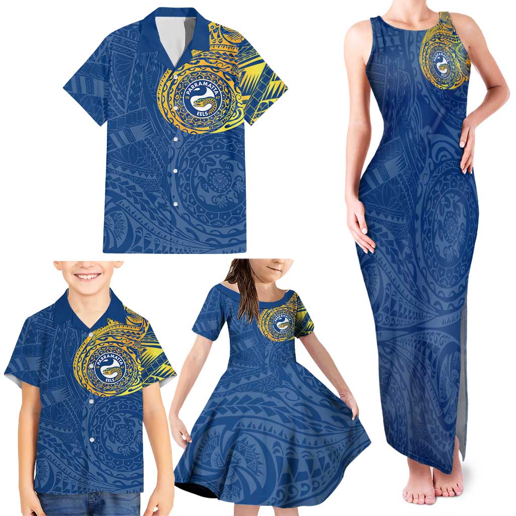 Personalized Parramatta Eels Family Matching Tank Maxi Dress and Hawaiian Shirt Polynesian Tribal Chest and Sleeve Tattoo