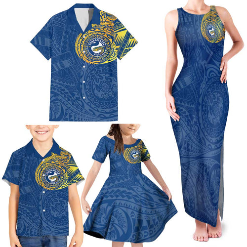 Personalized Parramatta Eels Family Matching Tank Maxi Dress and Hawaiian Shirt Polynesian Tribal Chest and Sleeve Tattoo