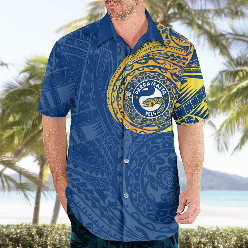 Personalized Parramatta Eels Hawaiian Shirt Polynesian Tribal Chest and Sleeve Tattoo