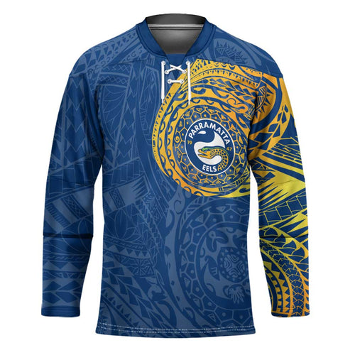 Personalized Parramatta Eels Hockey Jersey Polynesian Tribal Chest and Sleeve Tattoo