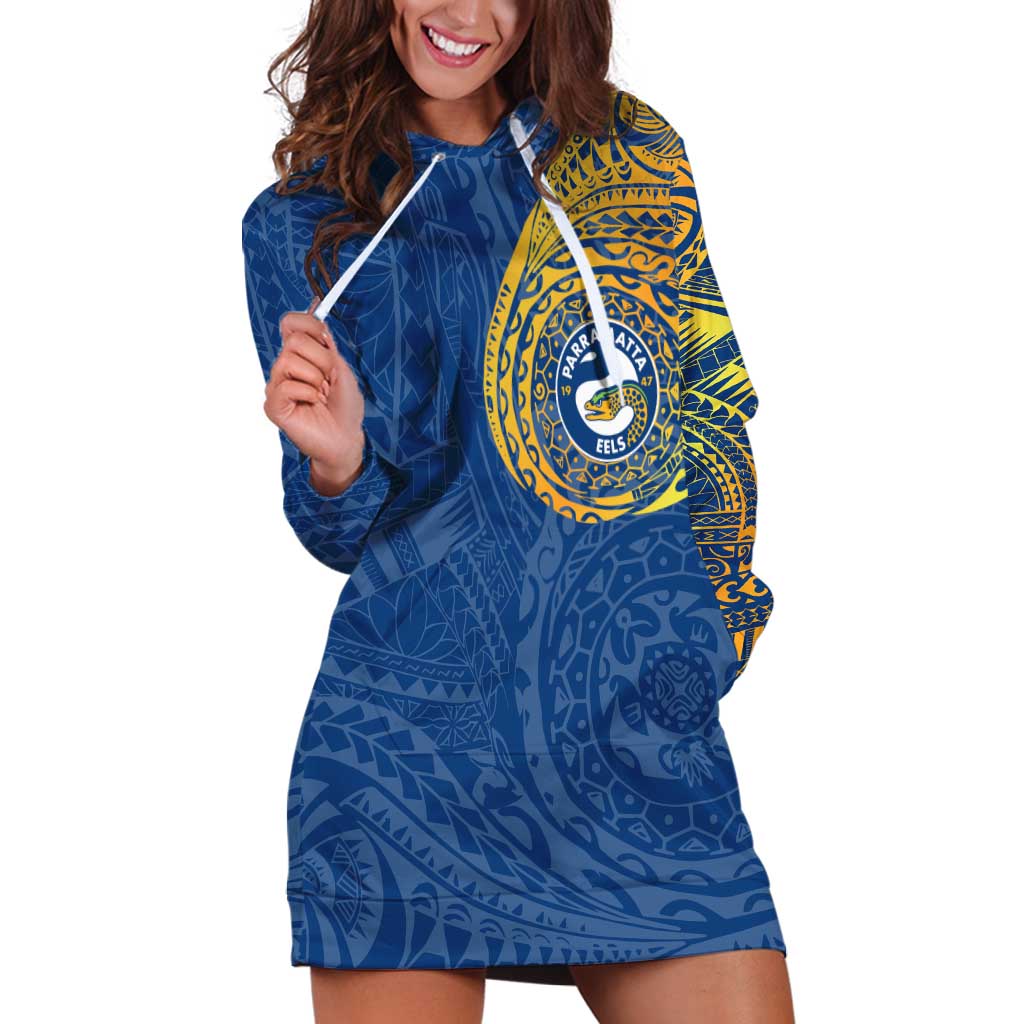 Personalized Parramatta Eels Hoodie Dress Polynesian Tribal Chest and Sleeve Tattoo