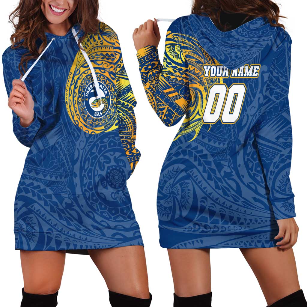 Personalized Parramatta Eels Hoodie Dress Polynesian Tribal Chest and Sleeve Tattoo