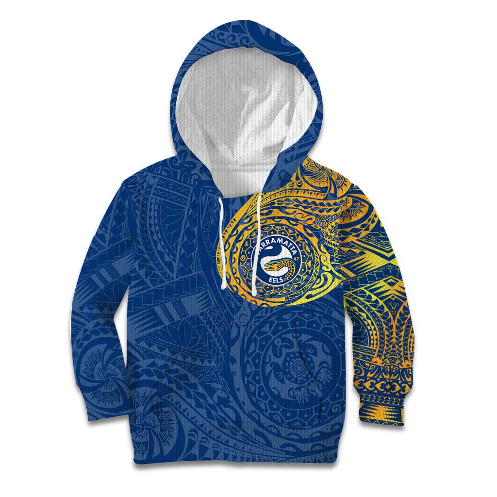 Personalized Parramatta Eels Kid Hoodie Polynesian Tribal Chest and Sleeve Tattoo