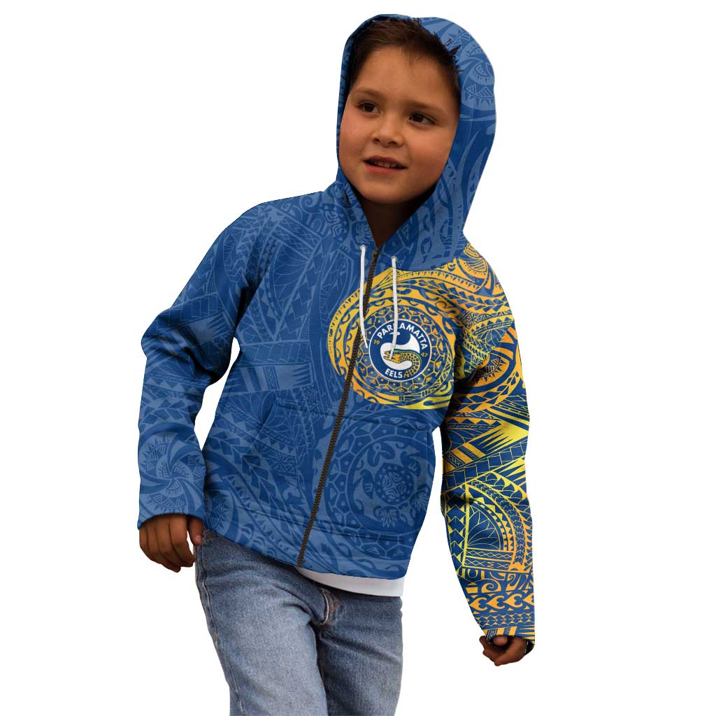 Personalized Parramatta Eels Kid Hoodie Polynesian Tribal Chest and Sleeve Tattoo