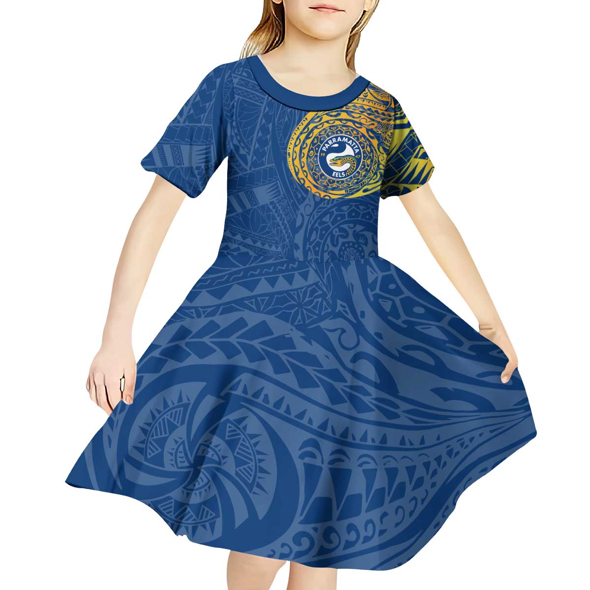 Personalized Parramatta Eels Kid Short Sleeve Dress Polynesian Tribal Chest and Sleeve Tattoo