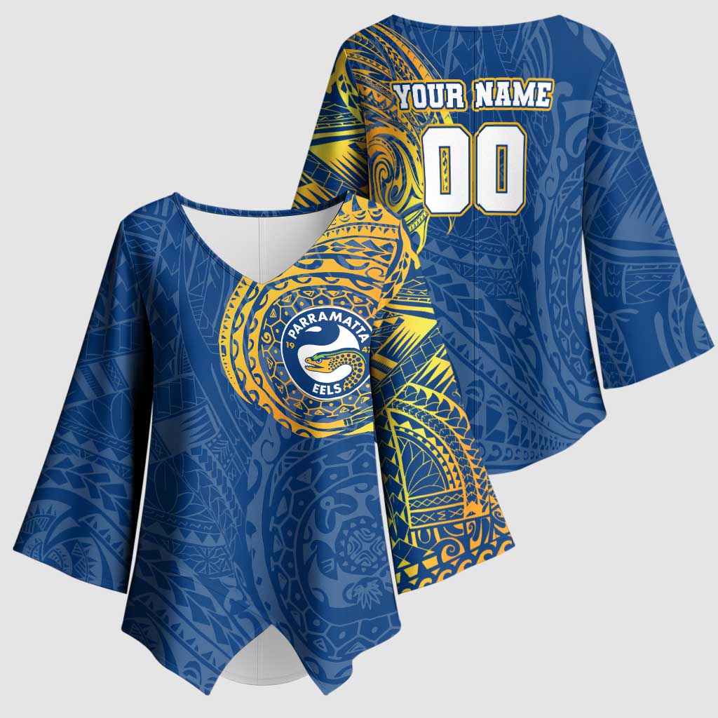 Personalized Parramatta Eels Kimono Sleeve Blouse Polynesian Tribal Chest and Sleeve Tattoo