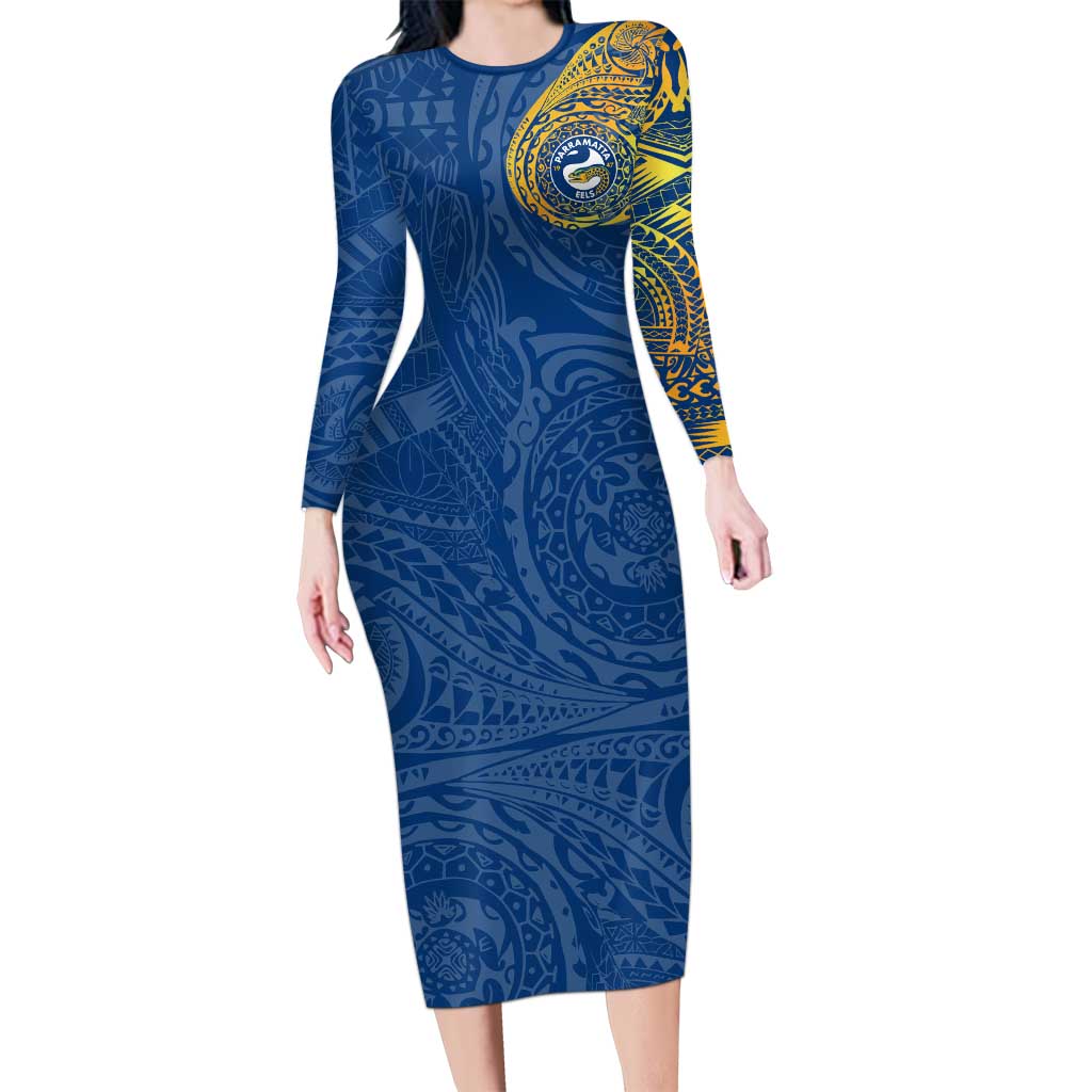 Personalized Parramatta Eels Long Sleeve Bodycon Dress Polynesian Tribal Chest and Sleeve Tattoo