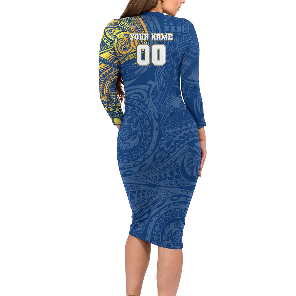Personalized Parramatta Eels Long Sleeve Bodycon Dress Polynesian Tribal Chest and Sleeve Tattoo