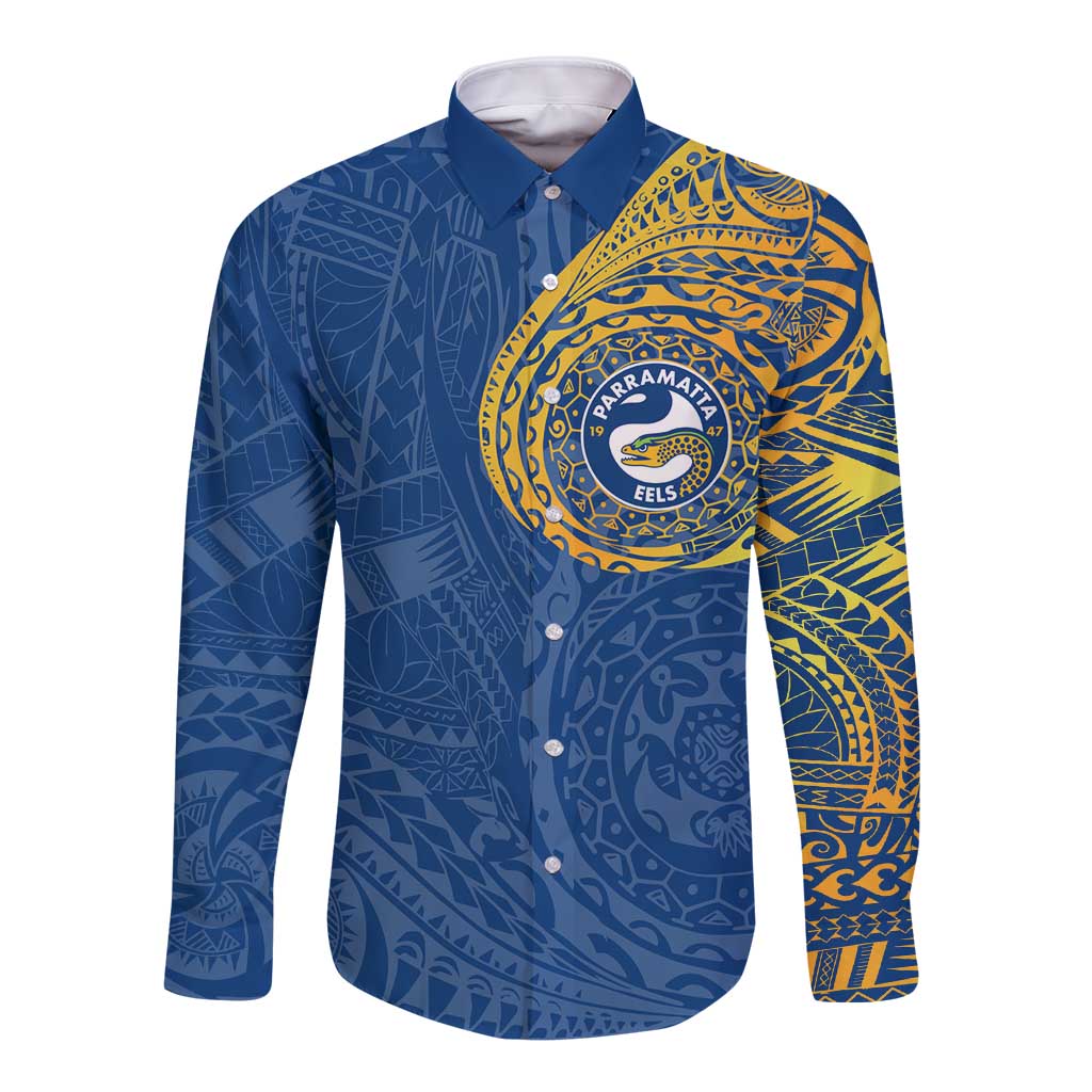 Personalized Parramatta Eels Long Sleeve Button Shirt Polynesian Tribal Chest and Sleeve Tattoo