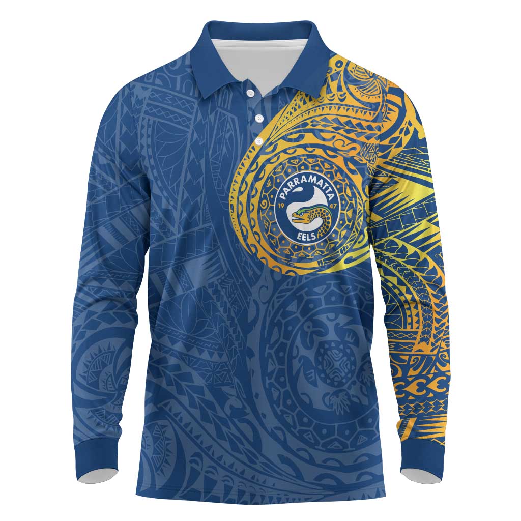 Personalized Parramatta Eels Long Sleeve Polo Shirt Polynesian Tribal Chest and Sleeve Tattoo
