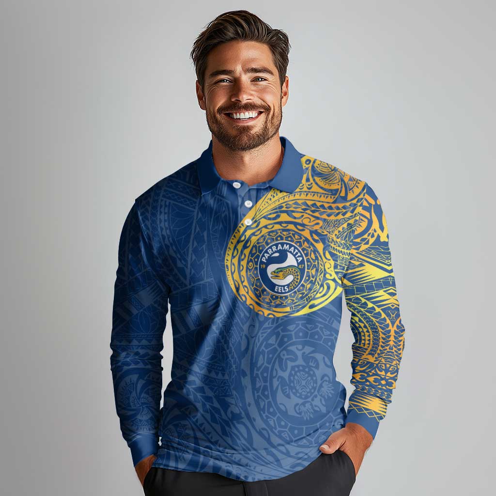 Personalized Parramatta Eels Long Sleeve Polo Shirt Polynesian Tribal Chest and Sleeve Tattoo