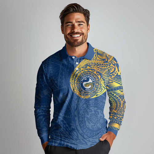 Personalized Parramatta Eels Long Sleeve Polo Shirt Polynesian Tribal Chest and Sleeve Tattoo