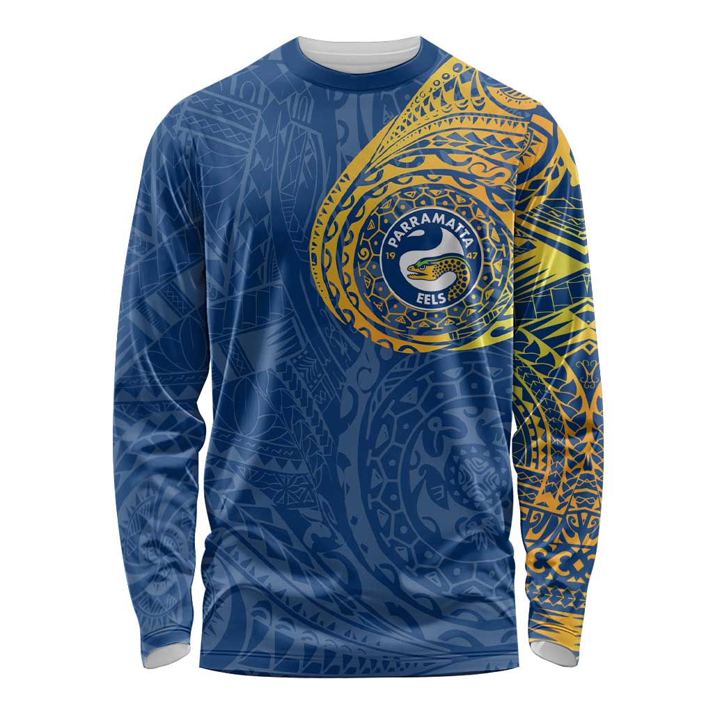 Personalized Parramatta Eels Long Sleeve Shirt Polynesian Tribal Chest and Sleeve Tattoo