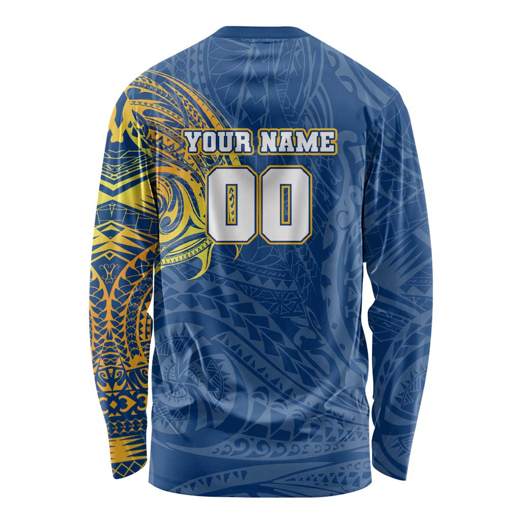 Personalized Parramatta Eels Long Sleeve Shirt Polynesian Tribal Chest and Sleeve Tattoo