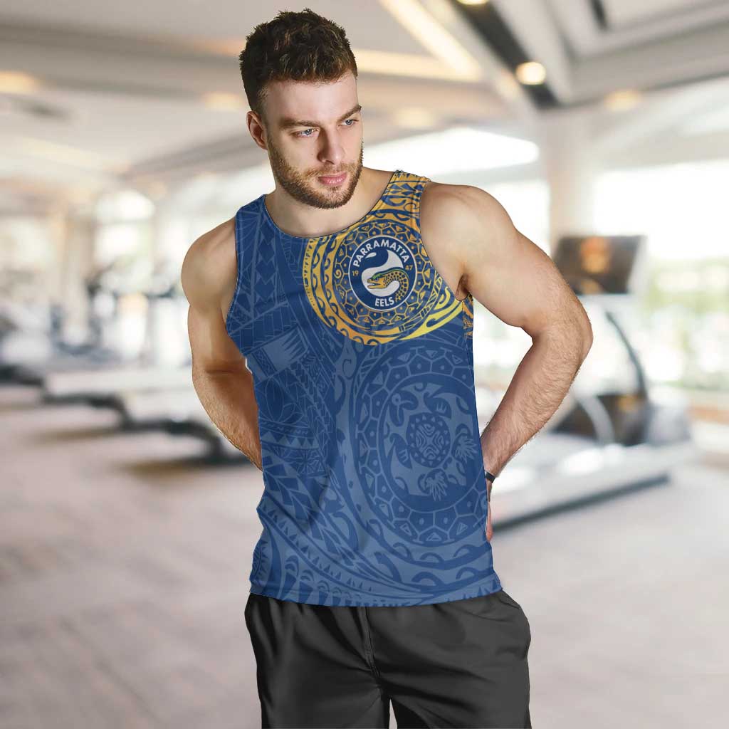 Personalized Parramatta Eels Men Tank Top Polynesian Tribal Chest and Sleeve Tattoo