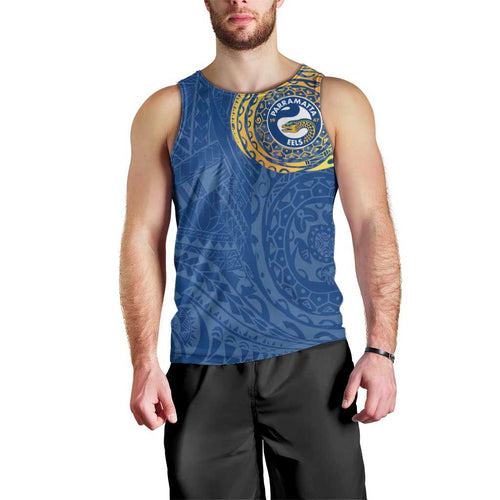 Personalized Parramatta Eels Men Tank Top Polynesian Tribal Chest and Sleeve Tattoo