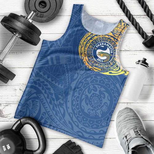 Personalized Parramatta Eels Men Tank Top Polynesian Tribal Chest and Sleeve Tattoo