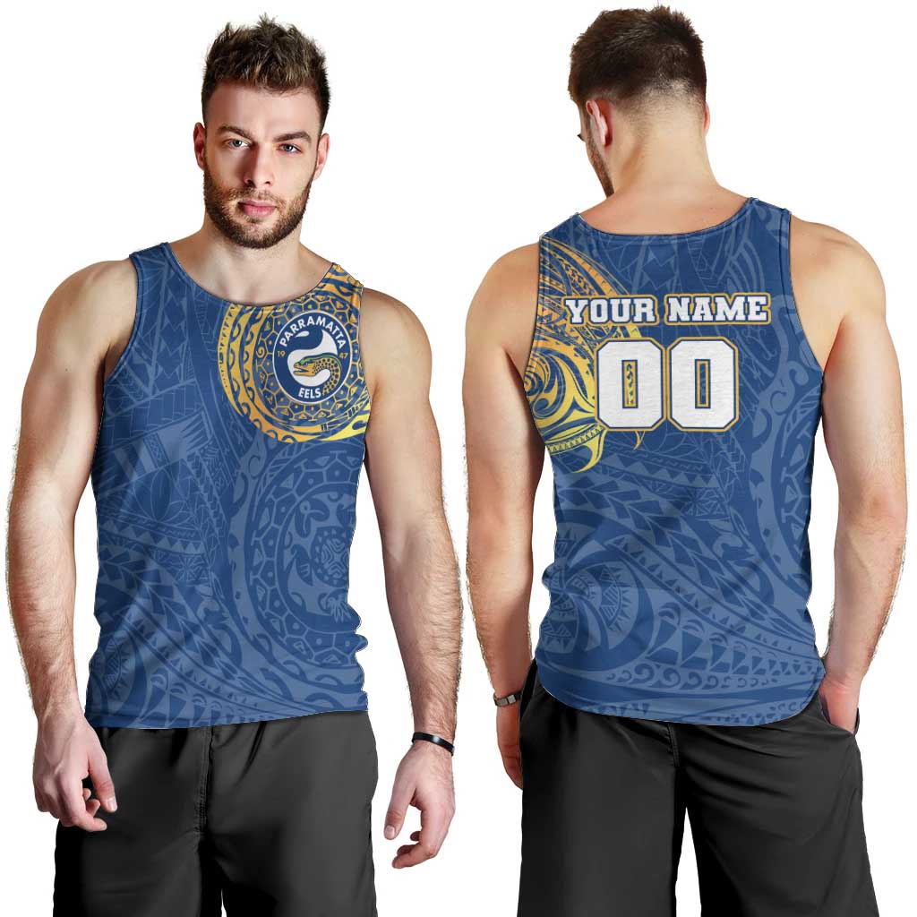 Personalized Parramatta Eels Men Tank Top Polynesian Tribal Chest and Sleeve Tattoo
