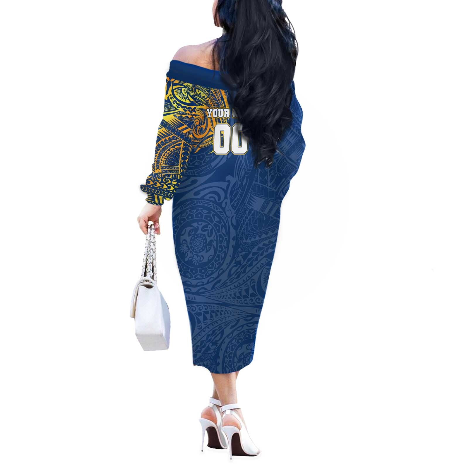 Personalized Parramatta Eels Off The Shoulder Long Sleeve Dress Polynesian Tribal Chest and Sleeve Tattoo