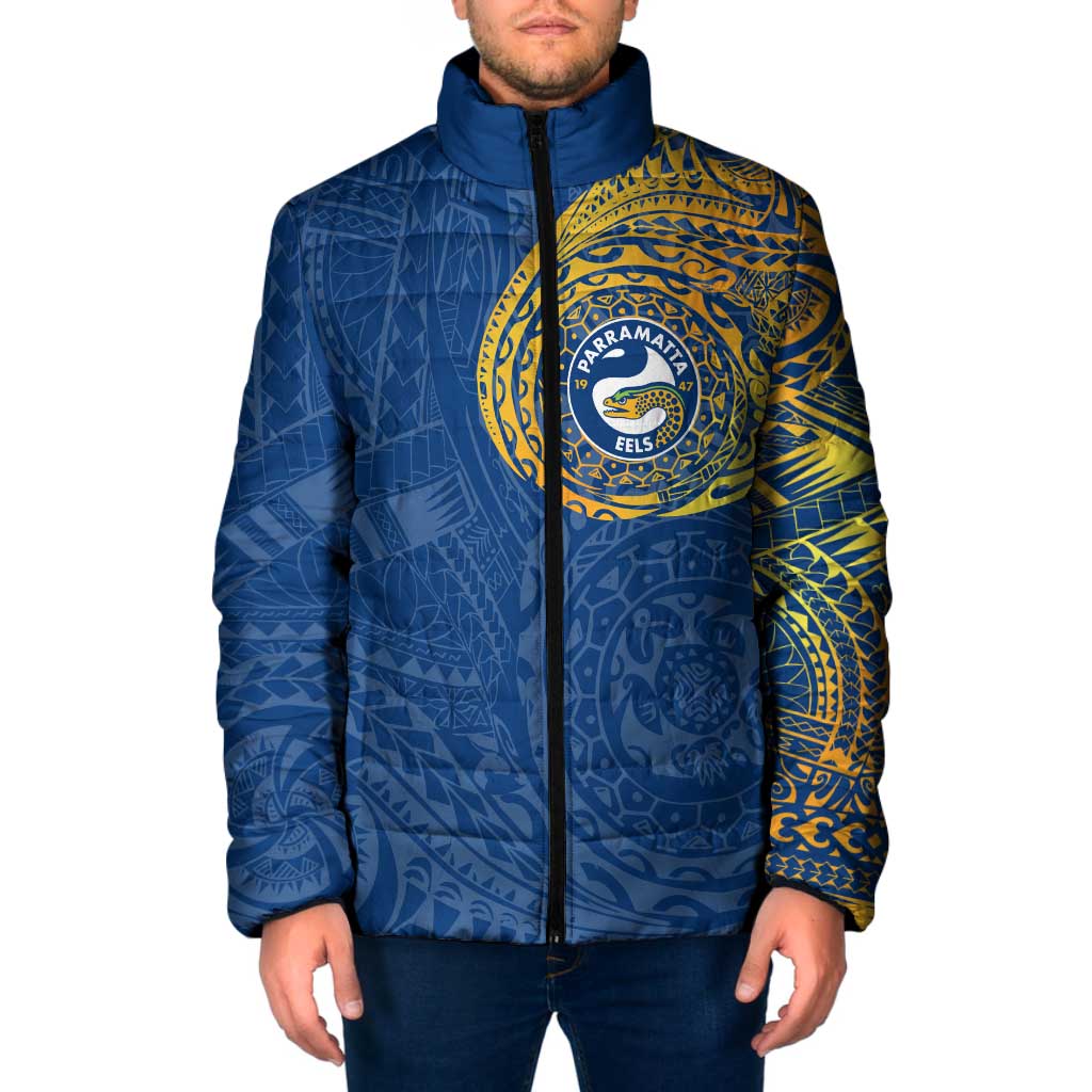 Personalized Parramatta Eels Padded Jacket Polynesian Tribal Chest and Sleeve Tattoo