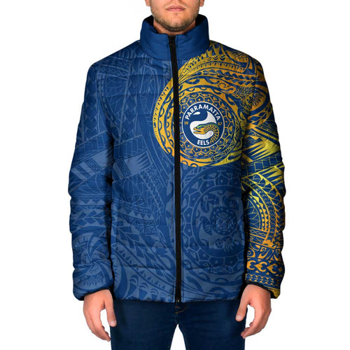 Personalized Parramatta Eels Padded Jacket Polynesian Tribal Chest and Sleeve Tattoo