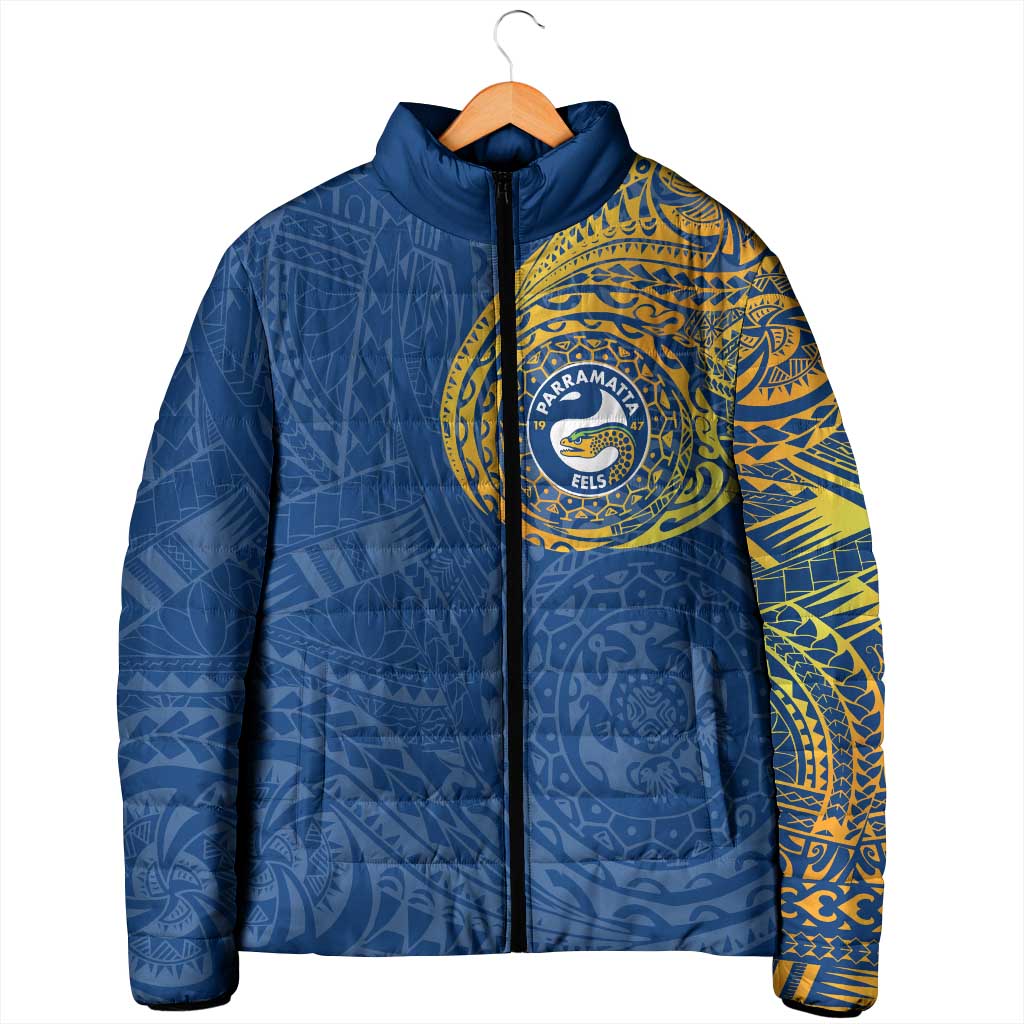 Personalized Parramatta Eels Padded Jacket Polynesian Tribal Chest and Sleeve Tattoo