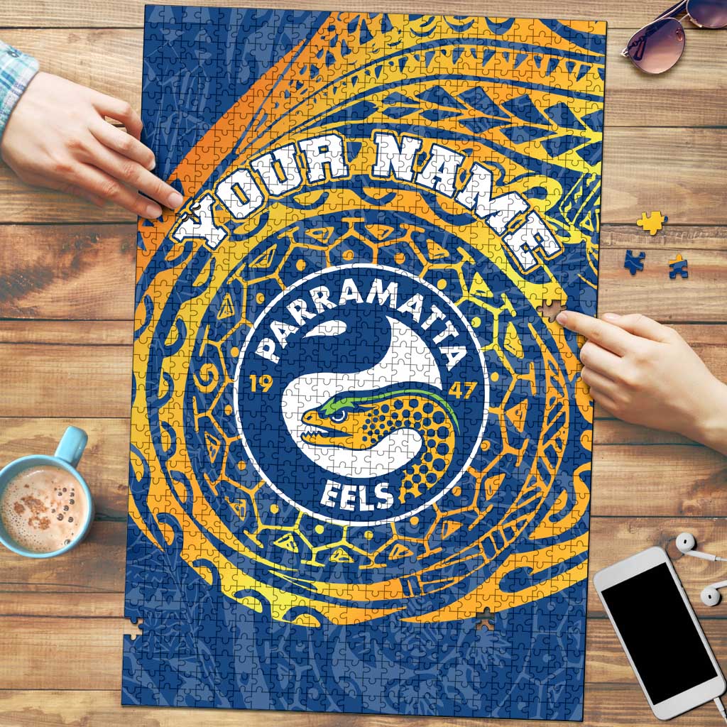 Personalized Parramatta Eels Puzzle Polynesian Tribal Chest and Sleeve Tattoo
